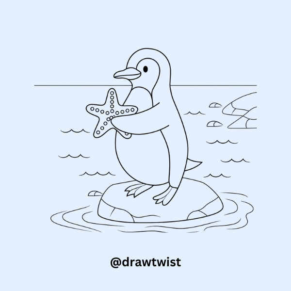 doodle of penguin standing on a rock holding a starfish in the ocean.