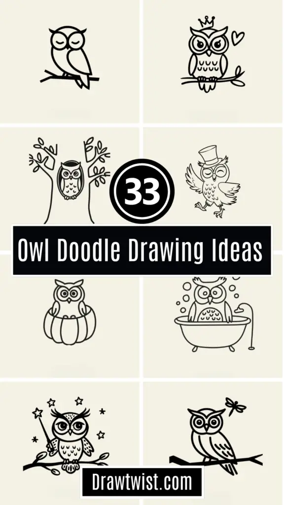 A collection of owl doodle drawing ideas