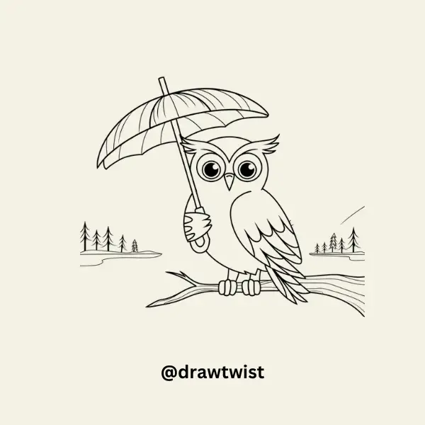 Owl With a Giant Leaf Umbrella drawing