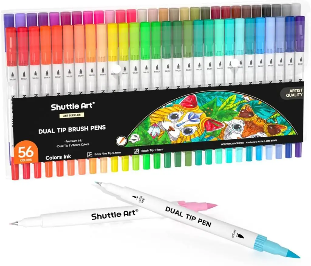 Shuttle Art Dual Tip Brush Pens – 56 Colour Drawing & Fineliner Marker Set