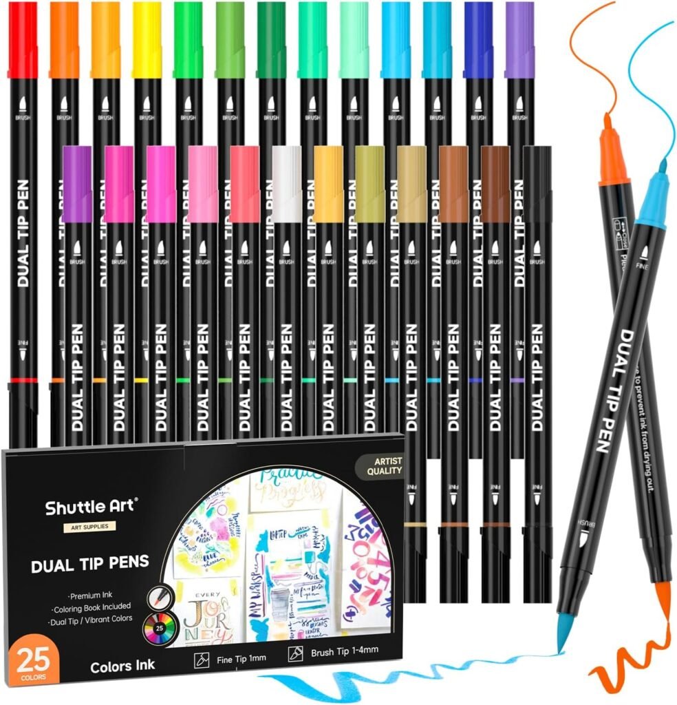 Shuttle Art Dual Tip Brush Pens – 25 Colour Marker Set for Kids & Beginners