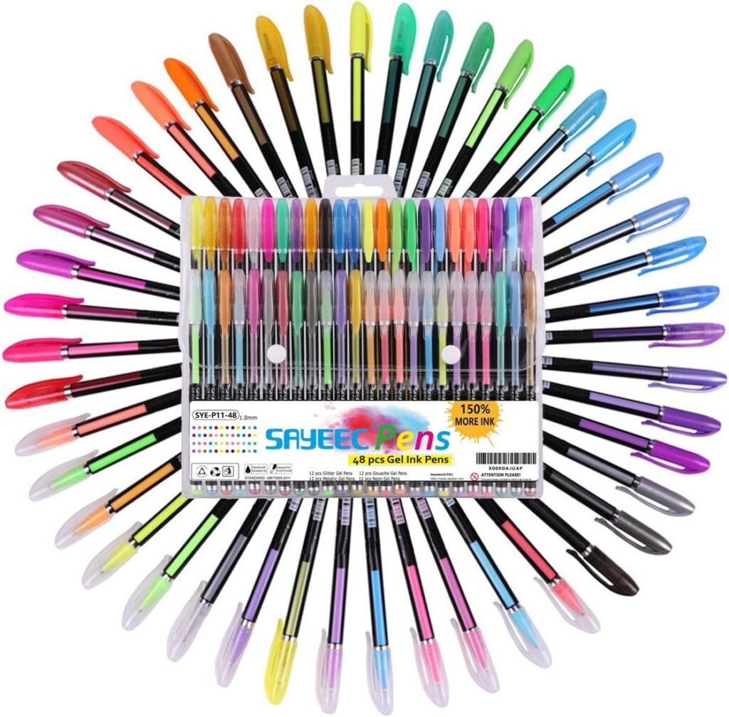 SAYEEC 48-Pack Gel Ink Pens – Metallic, Glitter, Neon & Pastel Colors for Kids