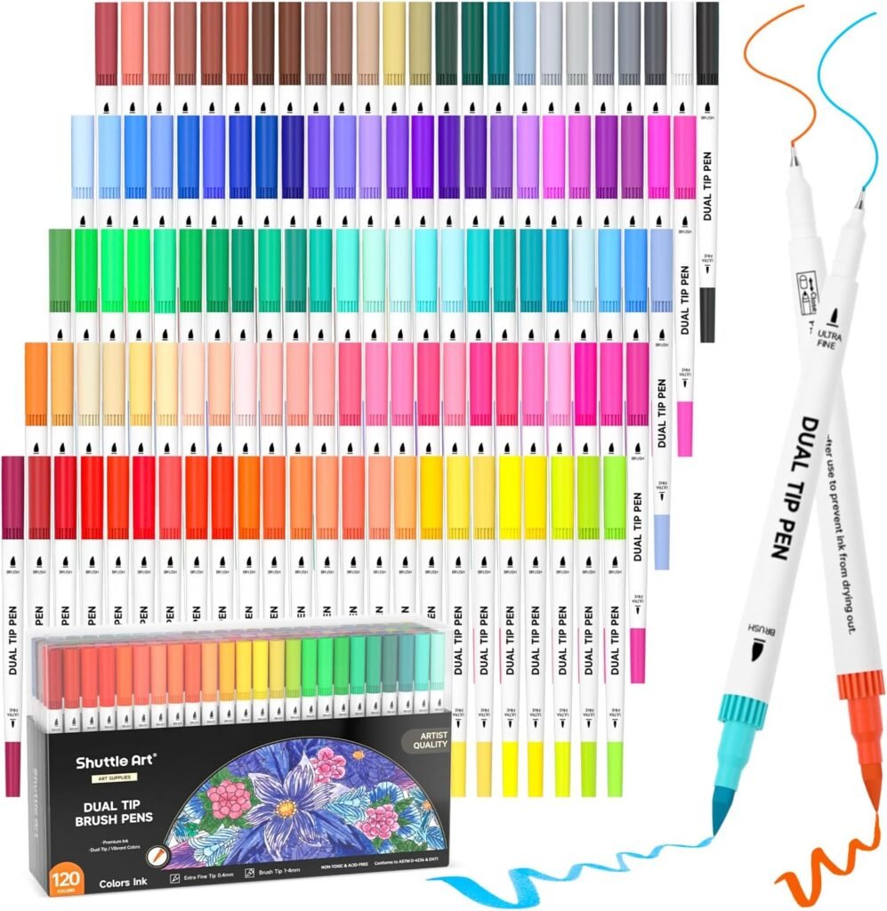 Shuttle Art 120 Colours Dual Tip Brush Pens Set – Ultra Fine & Brush Markers with Bonus Colouring Book