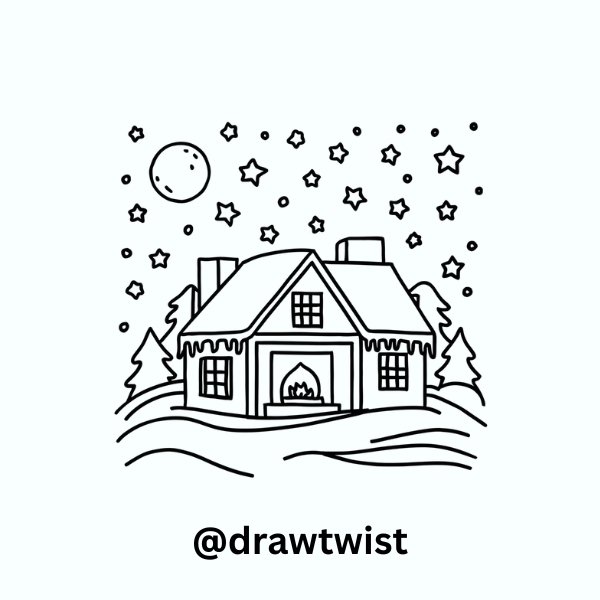 Full Winter Night Cabin with Stars and Moon