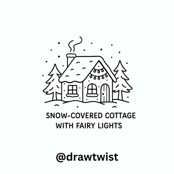 Snow-Covered Cottage with Fairy Lights